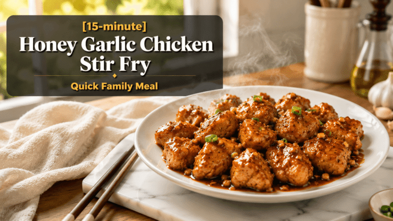 15-Minute Honey Garlic Chicken Stir Fry served hot on a white plate with glossy garlic sauce, tender golden chicken pieces, and light steam rising in a bright modern kitchen. Ultra realistic food photography with natural window light, rustic wooden table, marble slab, and elegant food blog banner design.