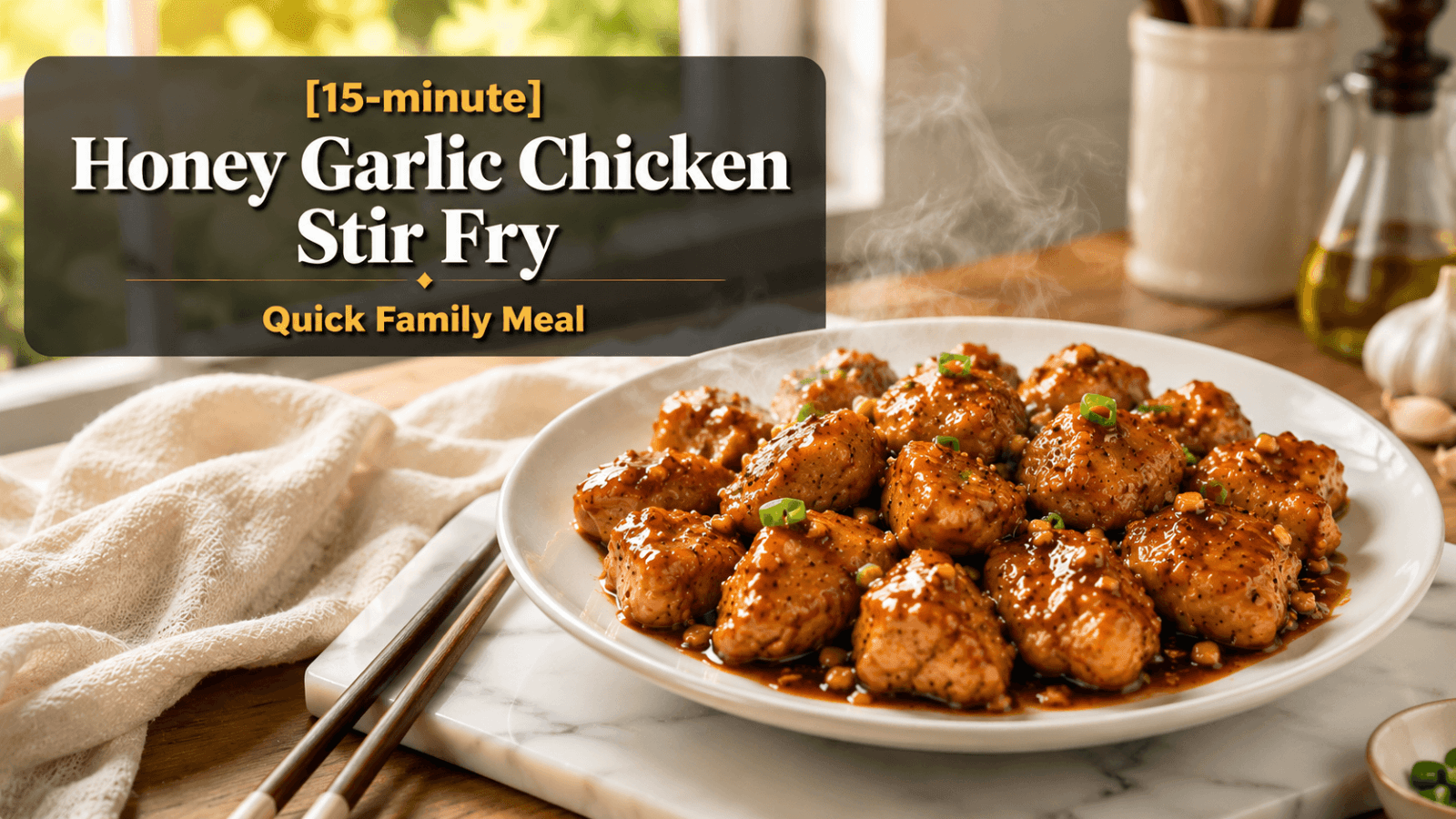 15-Minute Honey Garlic Chicken Stir Fry served hot on a white plate with glossy garlic sauce, tender golden chicken pieces, and light steam rising in a bright modern kitchen. Ultra realistic food photography with natural window light, rustic wooden table, marble slab, and elegant food blog banner design.