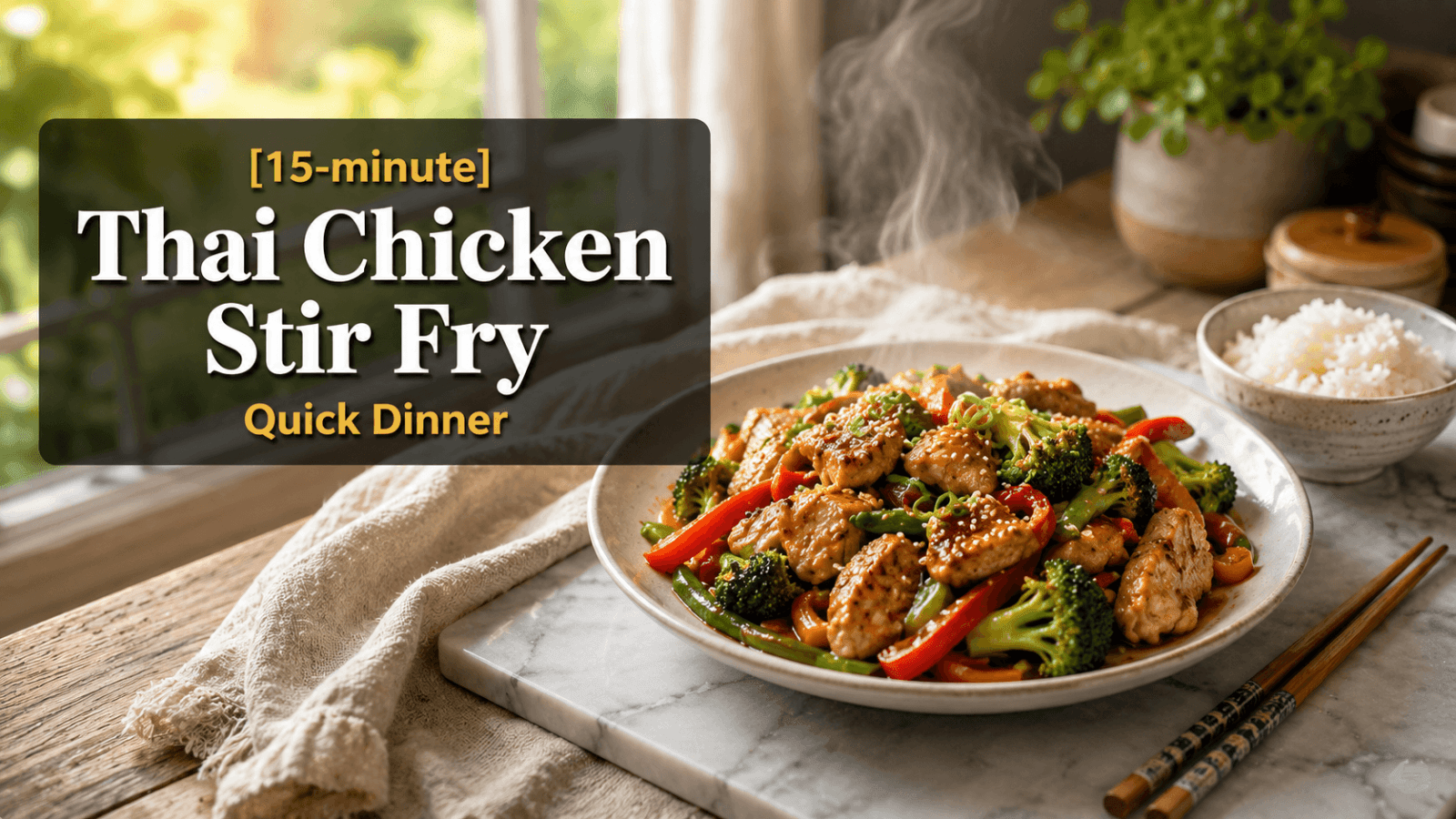 Ultra realistic 15-Minute Thai Chicken Stir Fry served on a white plate with glossy chicken, red bell peppers, broccoli, and green beans, garnished with sesame seeds and green onions, steaming on a marble slab in a bright natural light kitchen with modern food blog title banner and rice bowl side dish.