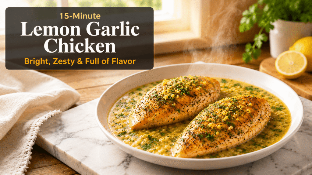 Delicious 15-Minute Lemon Garlic Chicken served in a creamy lemon garlic butter sauce with fresh parsley and lemon zest, plated on a white dish in a bright modern kitchen with natural sunlight and rustic food blog styling.