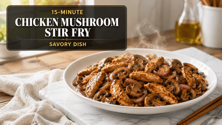 Feature image of 15-Minute Chicken Mushroom Stir Fry served on a white plate with tender chicken, mushrooms, and onions coated in a glossy savory sauce in a bright natural light kitchen setting.