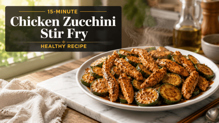 Healthy chicken zucchini stir fry on a white plate with tender chicken strips and zucchini rounds coated in glossy sauce, bright modern kitchen background with warm natural daylight.
