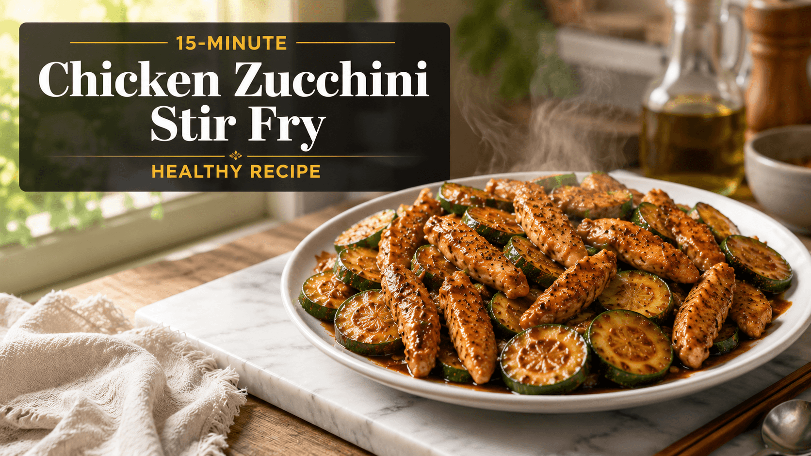 Healthy chicken zucchini stir fry on a white plate with tender chicken strips and zucchini rounds coated in glossy sauce, bright modern kitchen background with warm natural daylight.