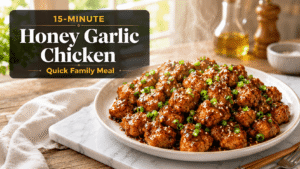Ultra-realistic 15-Minute Sticky Chicken served on a white plate with glossy sweet and savory sauce, garnished with sesame seeds and chopped green onions on a rustic wooden table in a bright modern kitchen with warm natural light and blurred background.