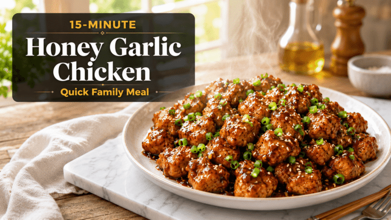 Ultra-realistic 15-Minute Sticky Chicken served on a white plate with glossy sweet and savory sauce, garnished with sesame seeds and chopped green onions on a rustic wooden table in a bright modern kitchen with warm natural light and blurred background.