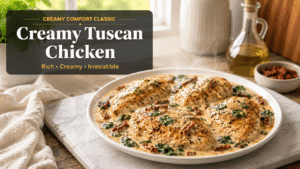 Creamy Tuscan chicken served in a rich parmesan garlic sauce with spinach and sun-dried tomatoes in a black skillet, photographed in bright natural kitchen light with golden-browned chicken breasts and a cozy modern food blog style presentation.