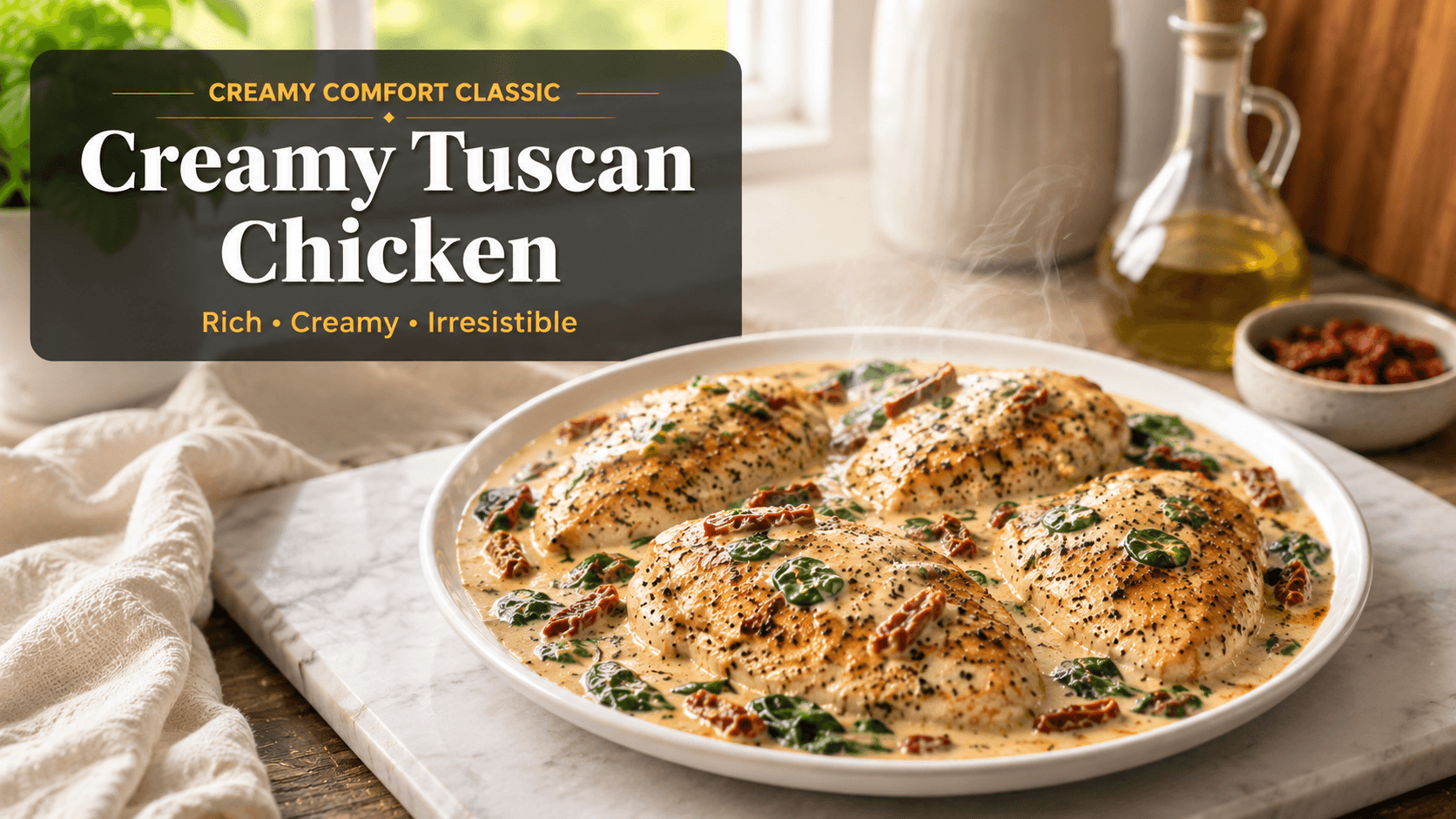 Creamy Tuscan chicken served in a rich parmesan garlic sauce with spinach and sun-dried tomatoes in a black skillet, photographed in bright natural kitchen light with golden-browned chicken breasts and a cozy modern food blog style presentation.