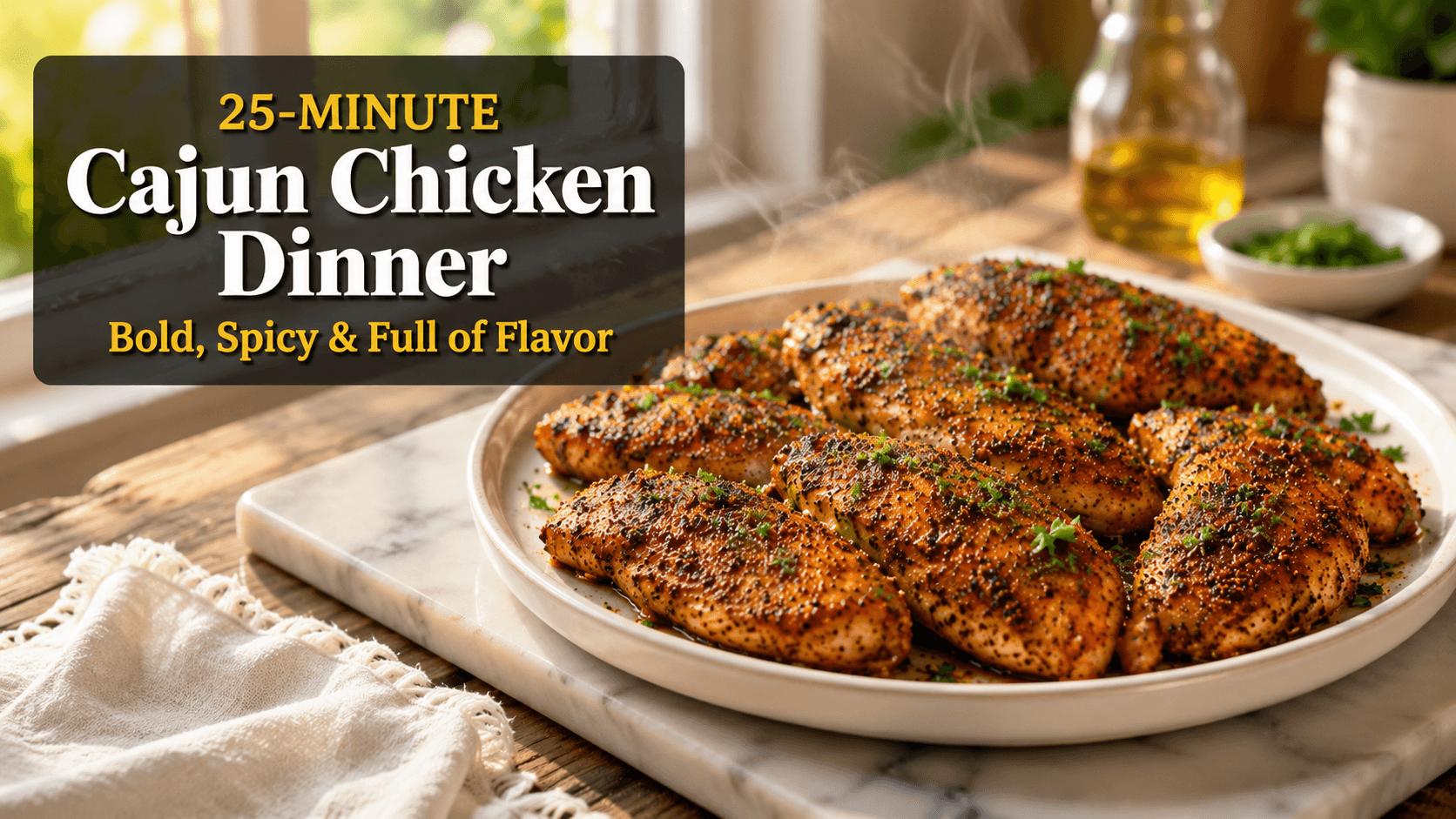 Ultra-realistic 15-Minute Cajun Chicken feature image with juicy golden-brown Cajun chicken breasts served hot on a white plate, garnished with fresh parsley and lemon slices on a white marble slab in a bright modern kitchen. Warm natural daylight, rustic wooden table, soft steam, cinematic food photography, spicy quick chicken dinner recipe, professional food blog hero image.