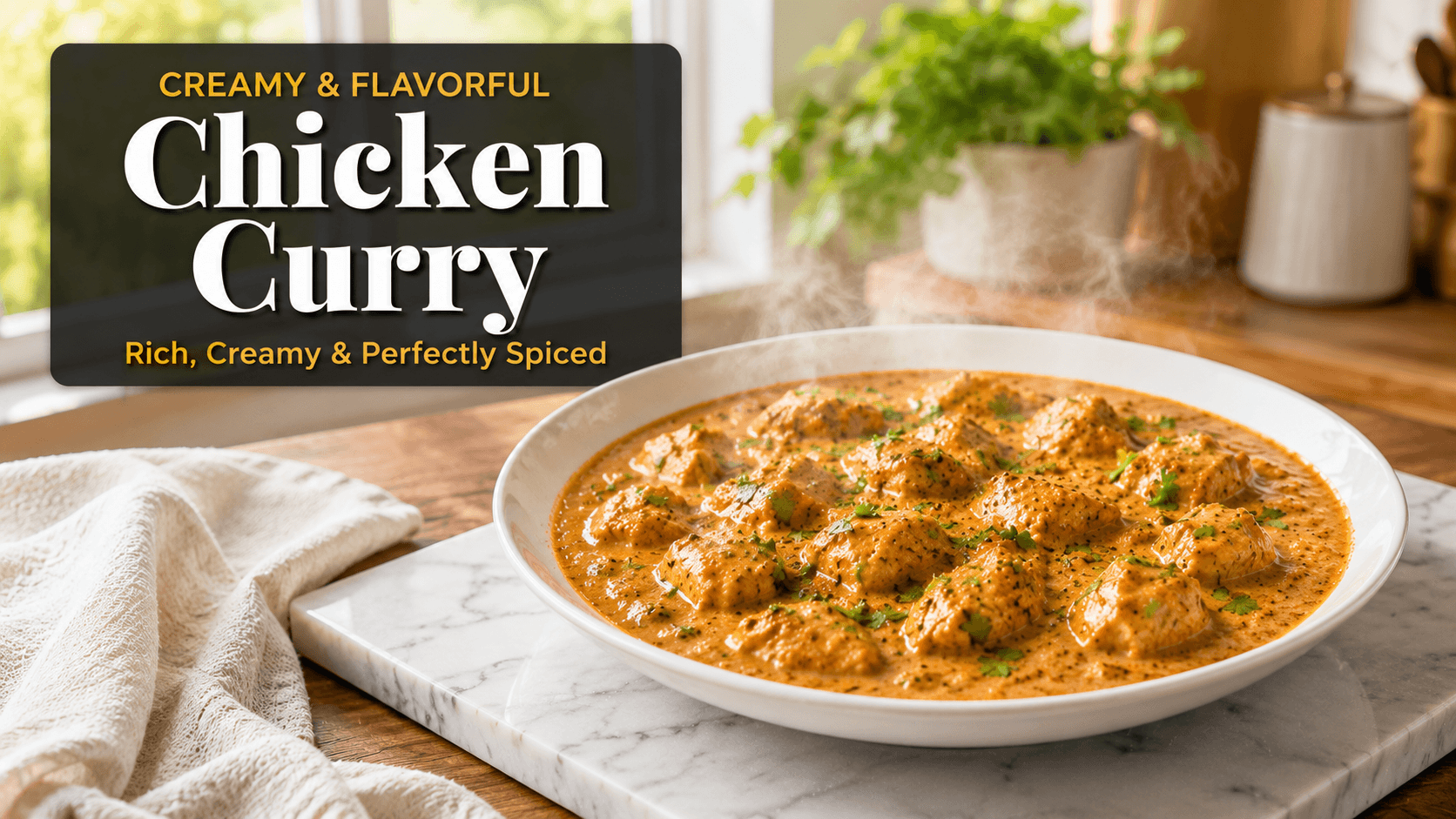 Creamy 15-Minute Butter Chicken served hot in a white bowl with rich orange tomato cream sauce, tender chicken pieces, fresh coriander garnish, fluffy white rice, and warm naan bread on a rustic marble kitchen table with bright natural light.