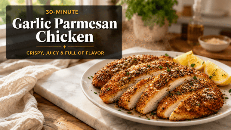 Golden crispy Garlic Parmesan Chicken sliced and served on a white plate with lemon wedges, topped with Parmesan cheese and herbs, photographed in a bright modern kitchen with warm natural light and steam rising, featuring a bold recipe title banner reading “30-Minute Garlic Parmesan Chicken – Crispy, Juicy & Full of Flavor.”