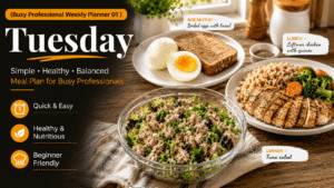 Feature image for Busy Professional Weekly Planner 01 Tuesday meal plan showing boiled eggs with whole grain bread for breakfast, leftover chicken with quinoa for lunch, and fresh tuna salad for dinner in a bright modern kitchen with healthy meal planning text and icons.