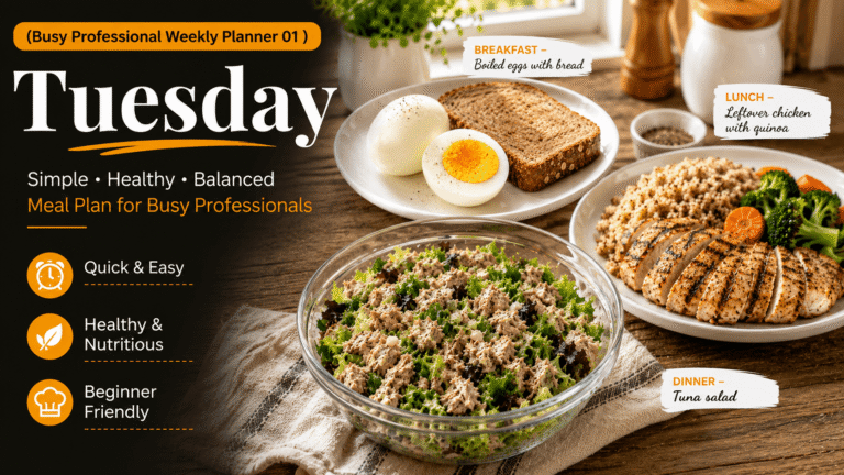 Feature image for Busy Professional Weekly Planner 01 Tuesday meal plan showing boiled eggs with whole grain bread for breakfast, leftover chicken with quinoa for lunch, and fresh tuna salad for dinner in a bright modern kitchen with healthy meal planning text and icons.