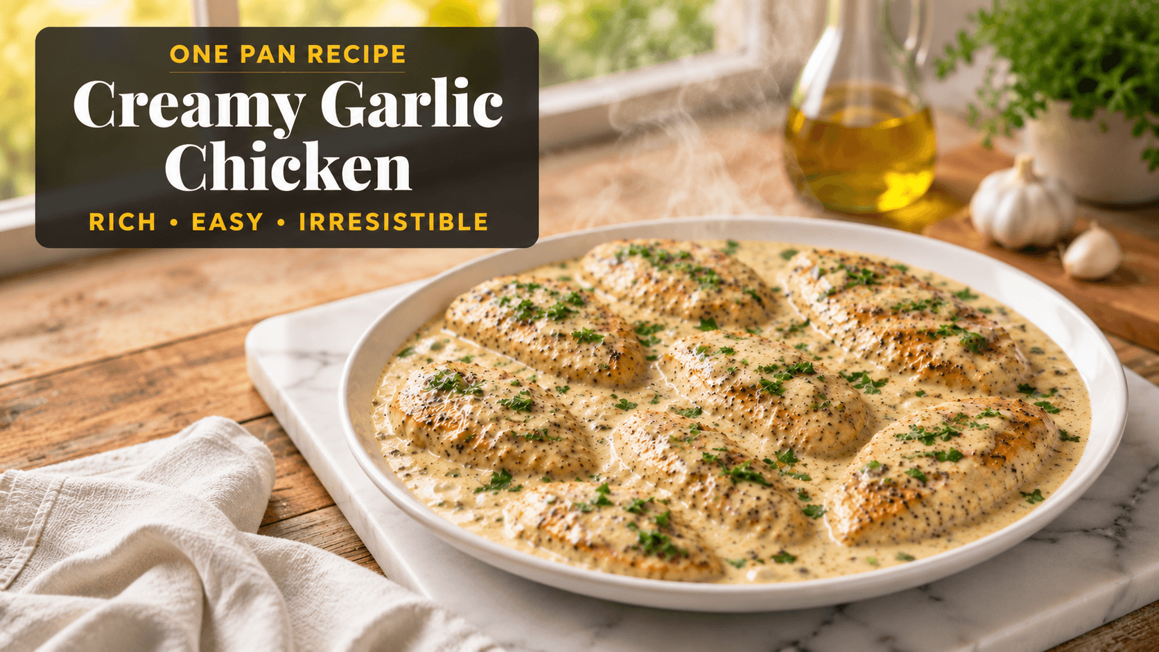 Creamy Garlic Chicken plated on a white dish with rich parmesan garlic sauce and fresh parsley garnish in a bright modern kitchen, featuring juicy golden-brown chicken breasts, rustic wooden table styling, soft natural window light, and elegant food blog presentation.