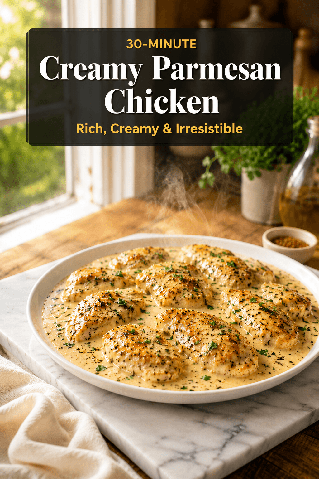 Pinterest food blog poster featuring creamy parmesan chicken served on a white plate with golden seared chicken breasts covered in rich garlic parmesan cream sauce, garnished with fresh parsley on a marble slab in a bright modern kitchen with warm natural sunlight, rustic wooden table, steam rising from the dish, elegant dark recipe title banner, and cozy restaurant-style food photography.