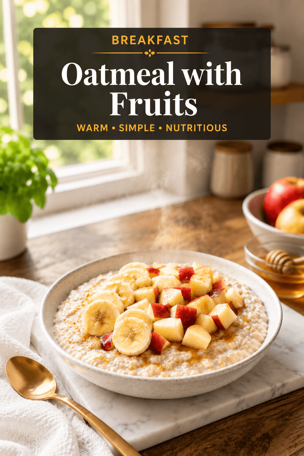Pinterest-style food blog poster featuring warm oatmeal topped with banana slices and diced apples on a marble slab in a bright modern kitchen with elegant recipe title banner.