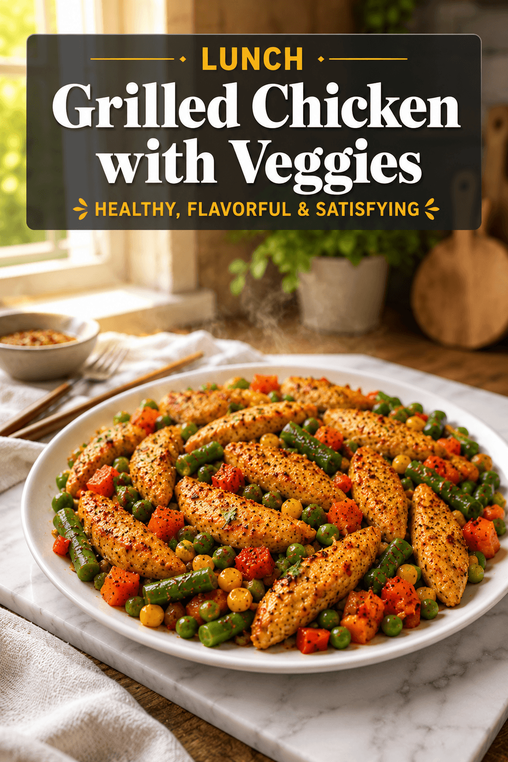 Pinterest food blog poster featuring grilled chicken with veggies served on a white plate in a bright modern kitchen with elegant recipe title banner.