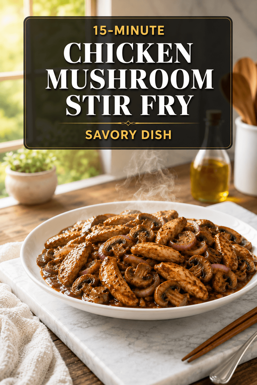 Pinterest poster for 15-Minute Chicken Mushroom Stir Fry featuring glossy chicken strips, sautéed mushrooms, and onions in a rich savory sauce served on a white plate in a bright modern kitchen with elegant food blog text overlay.