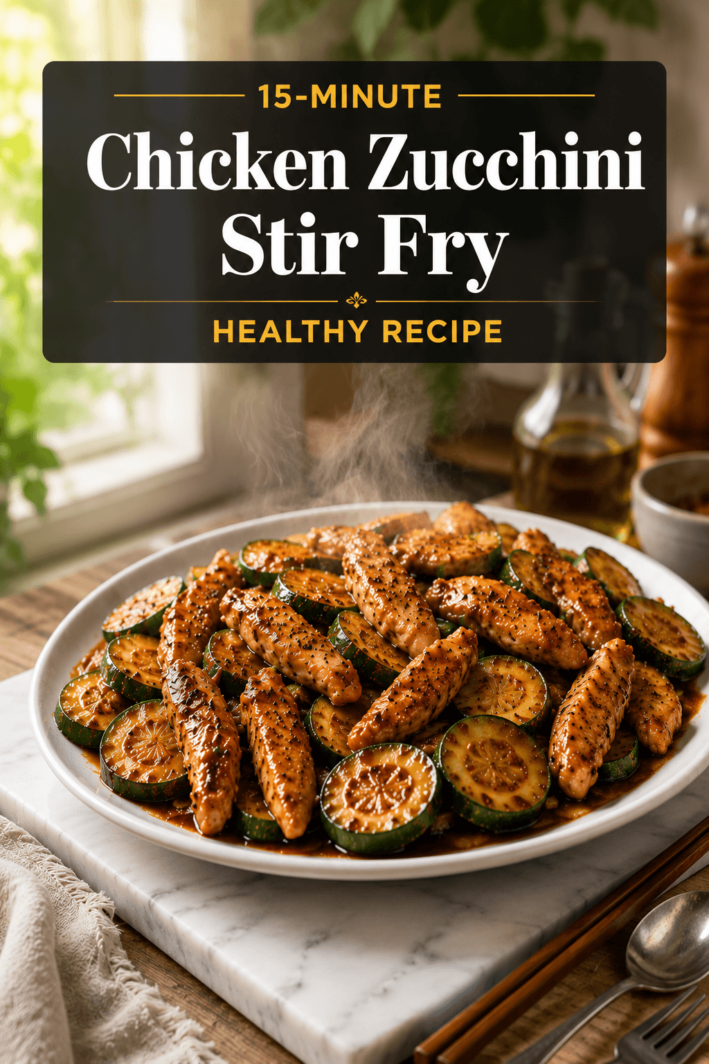 15-Minute Chicken Zucchini Stir Fry served on a white plate with glossy chicken strips and zucchini slices in savory sauce, bright natural kitchen lighting, healthy homemade dinner recipe poster.