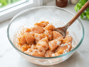 Raw chicken pieces mixed with cornstarch and soy sauce in a glass bowl on a bright kitchen counter with natural daylight