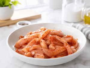 Raw chicken breast strips seasoned with paprika, black pepper, and salt in a white bowl ready for cooking