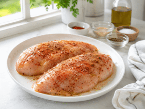 Raw chicken breasts coated with olive oil, garlic powder, paprika, salt, and black pepper on a white plate in a bright kitchen