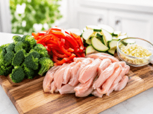 Alt Text: Raw sliced chicken breast with freshly cut broccoli florets, sliced bell peppers, zucchini, and minced garlic arranged on a wooden cutting board