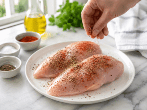 Raw chicken breasts seasoned with oregano, paprika, salt, and black pepper on a white plate before cooking