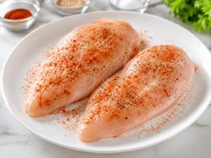 Raw chicken breasts on a white plate seasoned with garlic powder, paprika, salt, and black pepper before cooking