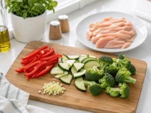 Fresh ingredients prepared for low carb chicken stir fry including sliced chicken breast, broccoli florets, sliced zucchini, red bell pepper, and minced garlic on a wooden cutting board.