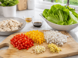 Fresh ingredients prepared for chicken lettuce wraps including shredded chicken, chopped red and yellow bell peppers, diced onion, minced garlic, grated ginger, and crisp lettuce leaves on a wooden cutting board.