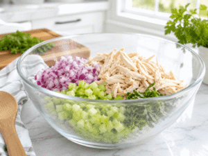 Shredded chicken breast, chopped red onion, celery, and fresh parsley combined in a large glass mixing bowl on a bright kitchen countertop
