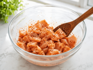 Raw chicken breast pieces coated with garlic powder, paprika, salt, and black pepper in a glass mixing bowl ready for cooking.