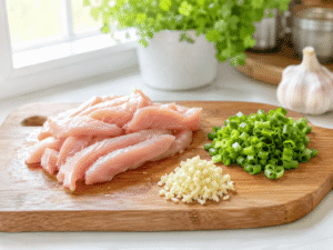 Raw chicken strips on a wooden cutting board with minced garlic and chopped green onions in a bright kitchen.