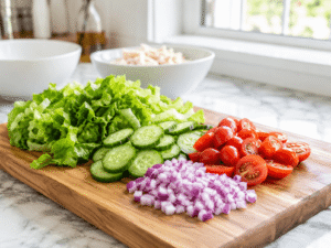 Fresh lettuce, sliced cucumber, halved cherry tomatoes, and finely chopped red onion prepared on a wooden cutting board for protein chicken salad.
