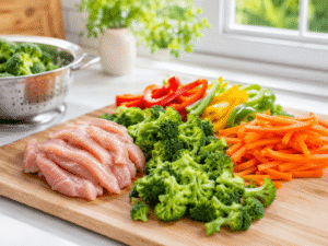Raw sliced chicken breast, fresh broccoli florets, carrot sticks, and colorful bell peppers neatly prepared on a wooden cutting board in a bright kitchen.