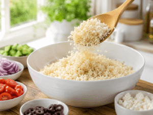 Cooked quinoa being added to a large white serving bowl on a wooden kitchen countertop in bright natural light.