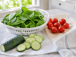 Fresh spinach leaves, cherry tomatoes, and cucumber being washed and dried with a clean kitchen towel on a bright countertop.