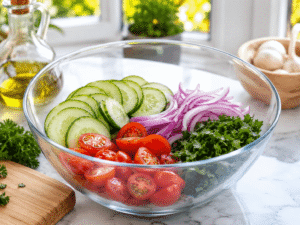 Thinly sliced fresh cucumber, halved cherry tomatoes, finely sliced red onion, and chopped fresh parsley prepared in a large glass mixing bowl for Chicken Cucumber Salad.