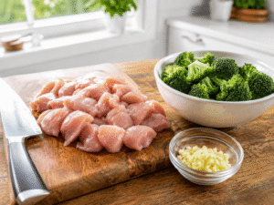 Raw chicken breast cut into bite-sized pieces on a wooden cutting board with fresh broccoli florets and minced garlic prepared for cooking.