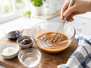 Mixing low-sodium soy sauce, oyster sauce, cornstarch, and water in a glass bowl to prepare a homemade stir fry sauce for lean chicken stir fry.