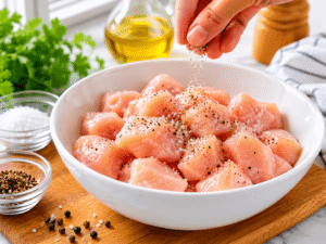 Bite-sized raw chicken pieces in a white bowl lightly seasoned with salt and black pepper on a wooden board in a bright kitchen.