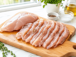 Raw chicken breasts sliced into thin strips and seasoned with salt black pepper and dried thyme on a wooden cutting board.