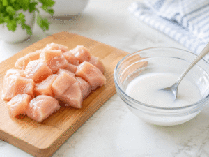 Raw chicken pieces on a wooden cutting board beside a cornstarch slurry in a glass bowl on a bright kitchen counter. SEO Title: Preparing Chicken and Cornstarch Mixture for Garlic Chili Chicken