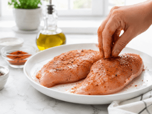Raw chicken breasts being seasoned with olive oil, garlic powder, paprika, salt, and black pepper on a white plate in a bright kitchen.