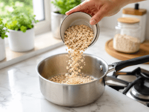 Quick oats being poured from a measuring bowl into a stainless steel saucepan on a bright kitchen countertop, first step of making oatmeal with fruits.