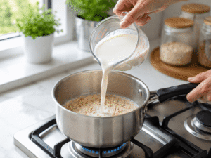 Milk being poured into a saucepan filled with quick oats on a gas stove in a bright modern kitchen.