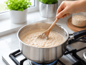 Creamy oatmeal cooking in a stainless steel saucepan while being stirred with a wooden spoon over medium heat.
