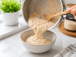 Cooked creamy oatmeal being poured from a saucepan into a ceramic serving bowl on a kitchen countertop