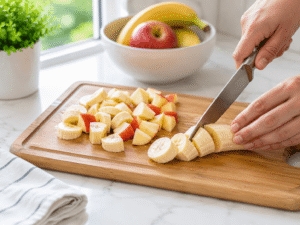 Fresh banana and apple being sliced into bite-sized pieces on a wooden cutting board in a bright kitchen.