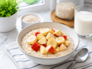 Finished oatmeal with fruits breakfast bowl topped with banana slices and apple chunks served with milk in a bright kitchen setting.